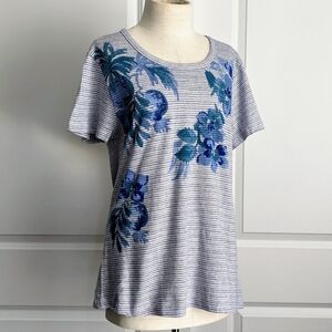 Lucky Brand Top Floral Print Open Tie Back Short Sleeve Stripes Blue White L NWT